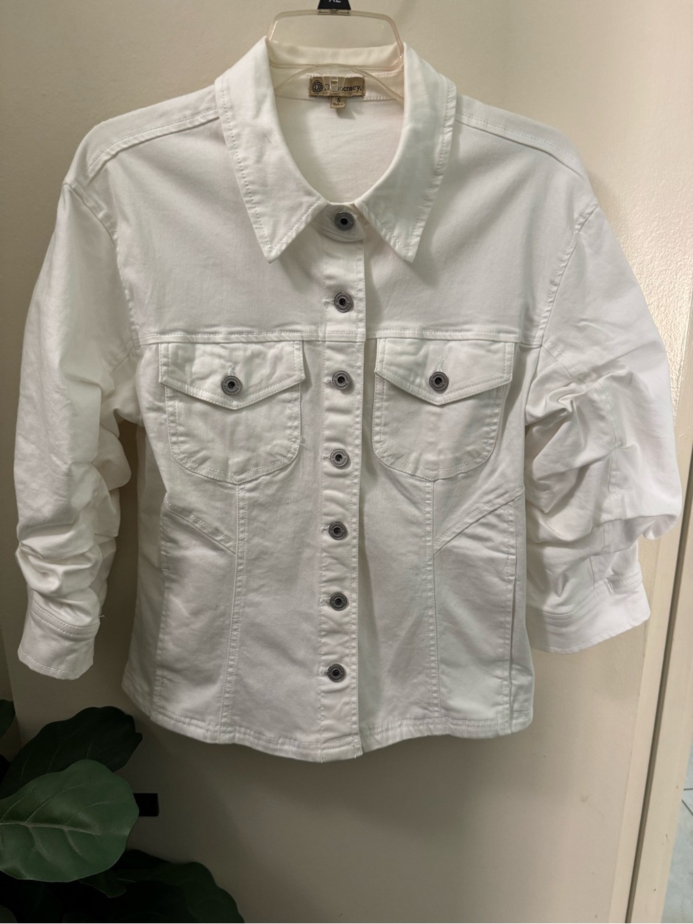 White Denim Democracy Women's Button Jacket Cinched 3/4 Sleeve Fitted Waist